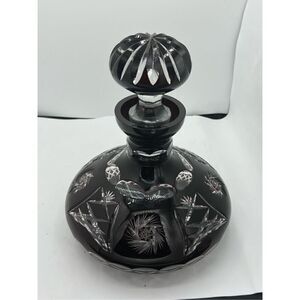 VTG Czech Bohemian Crystal Glass Wine Decanter Dark Red Cut To Clear Glass 11”T